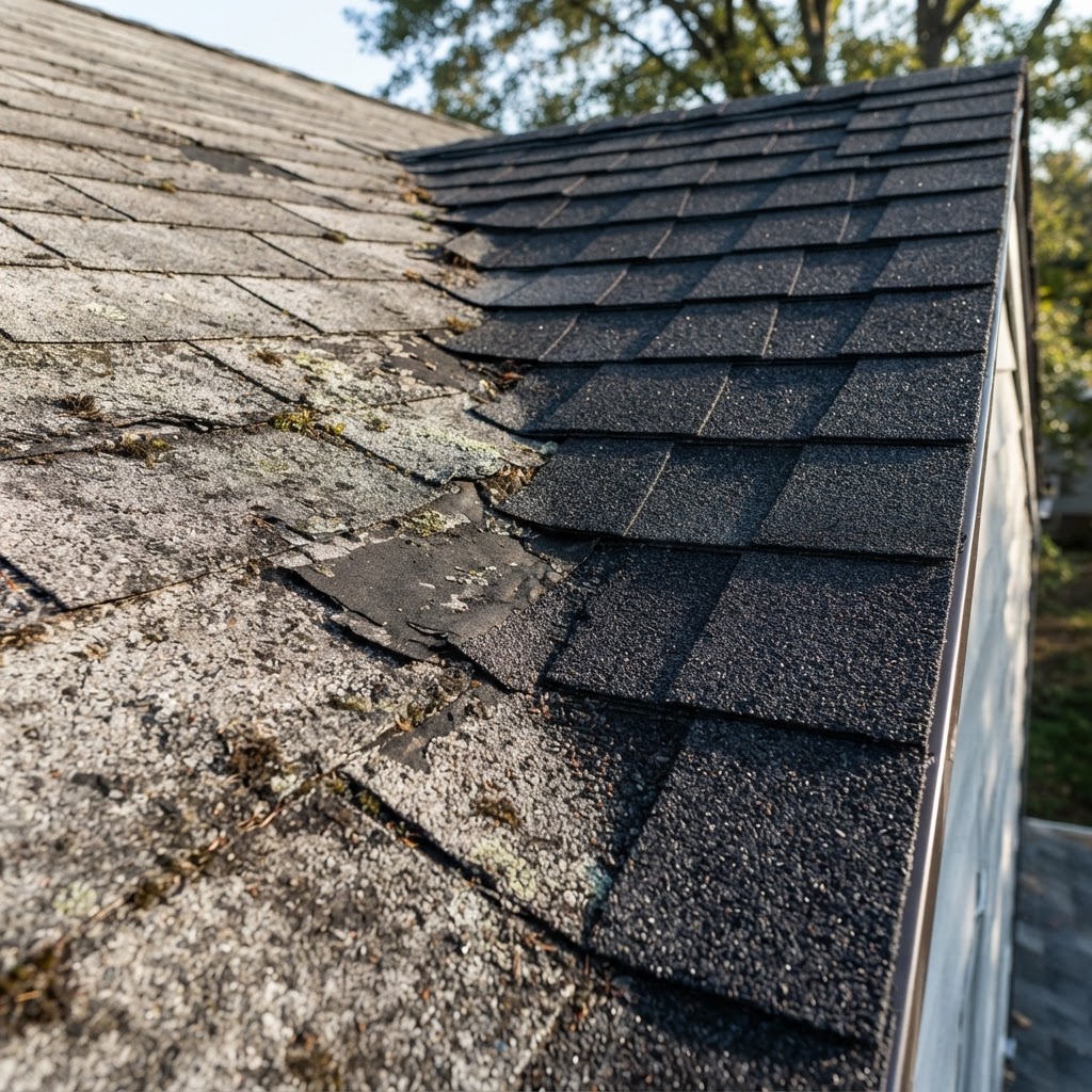 Aged gray asphalt shingles with granule loss on a Virginia roof beside freshly installed dark charcoal architectural shingles