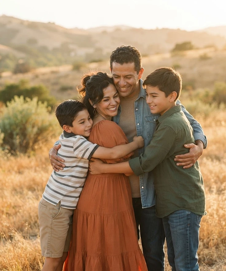 A Hispanic family embracing during golden hour