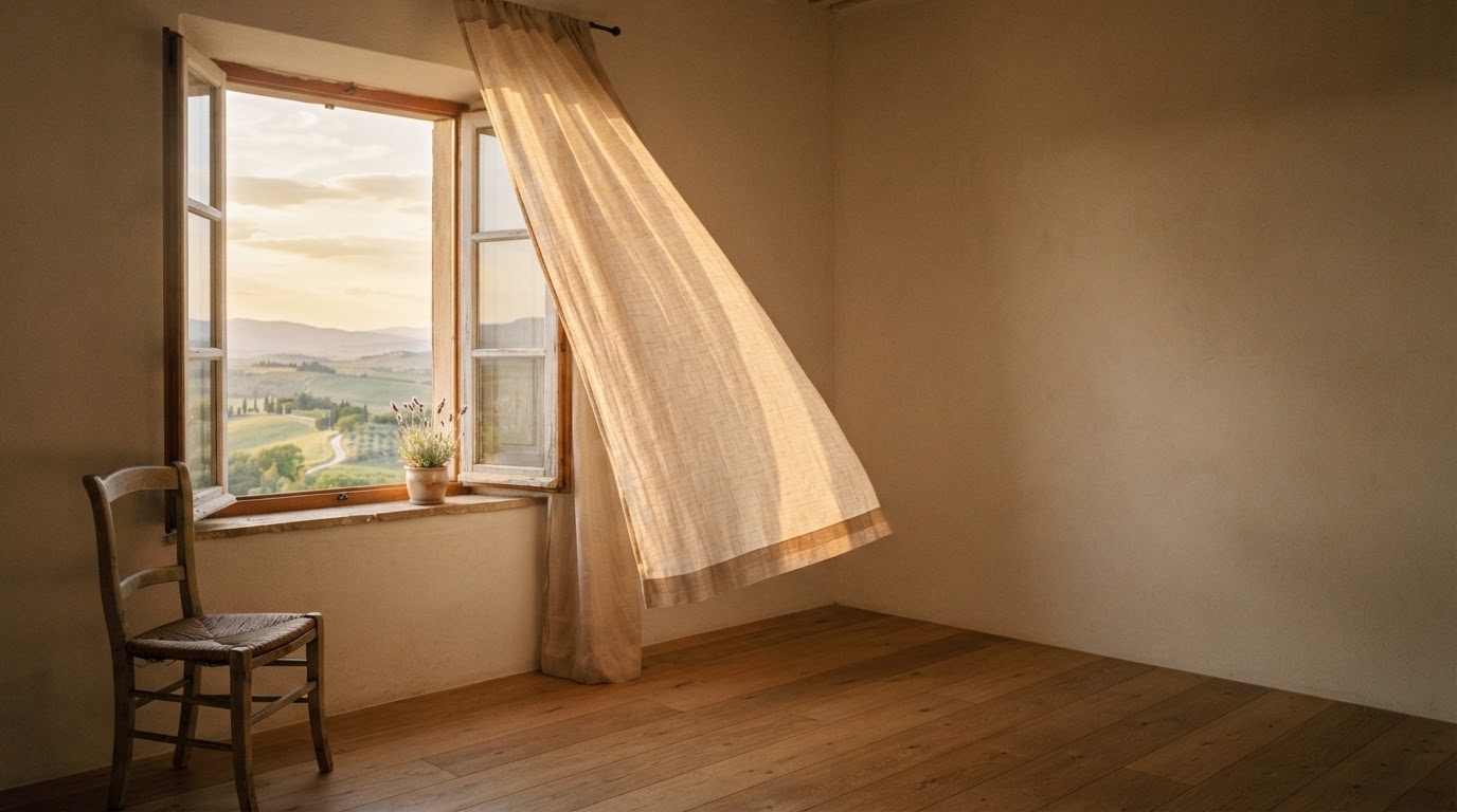 An open window with a sheer linen curtain catching the wind