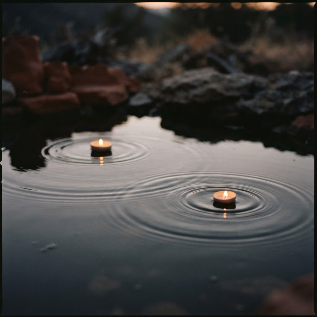 Soft points of light rippling across still water at dusk