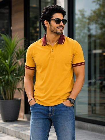 Premium Mustard Yellow Polo T-Shirt for Men with Maroon Collar