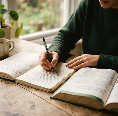 Mâini scriind note într-un caiet deschis cu un manual de engleză — moment de studiu concentrat