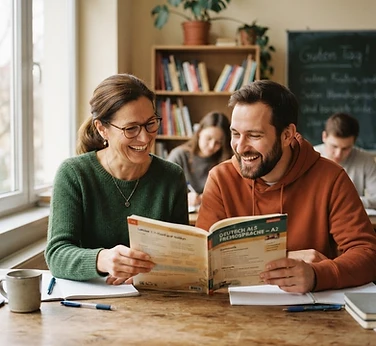 O profesoară și un cursant râzând împreună peste un manual de germană — conexiune umană în învățare