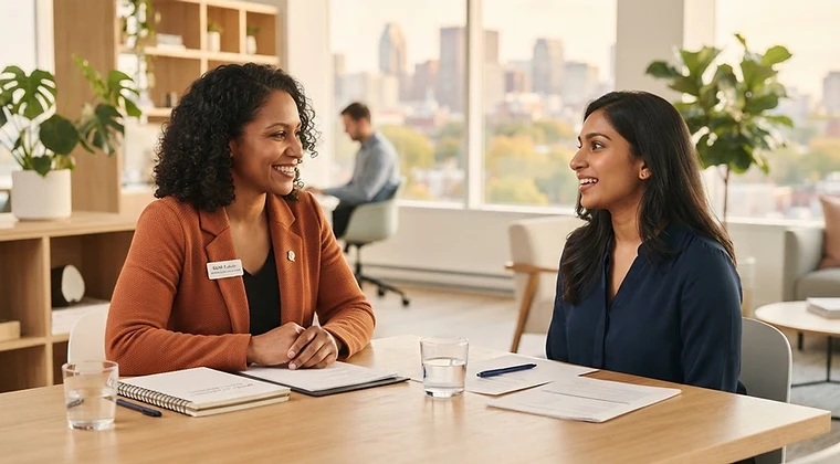 Rencontre chaleureuse entre une conseillère en recrutement et un candidat