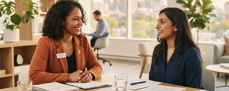 Conseillère en recrutement à l'écoute d'un candidat dans un bureau lumineux