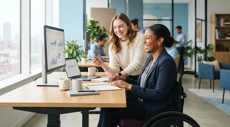 Professionnelle en fauteuil roulant collaborant avec un collègue à un poste de travail accessible