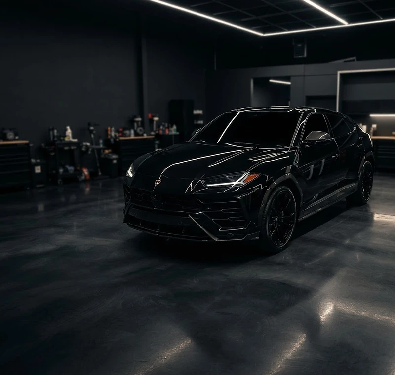 Glossy luxury vehicle with professionally tinted windows in the Styluxe studio