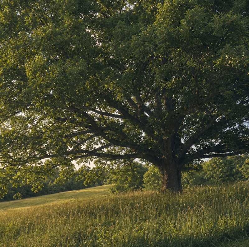 A mature oak tree overlooking a sunlit meadow