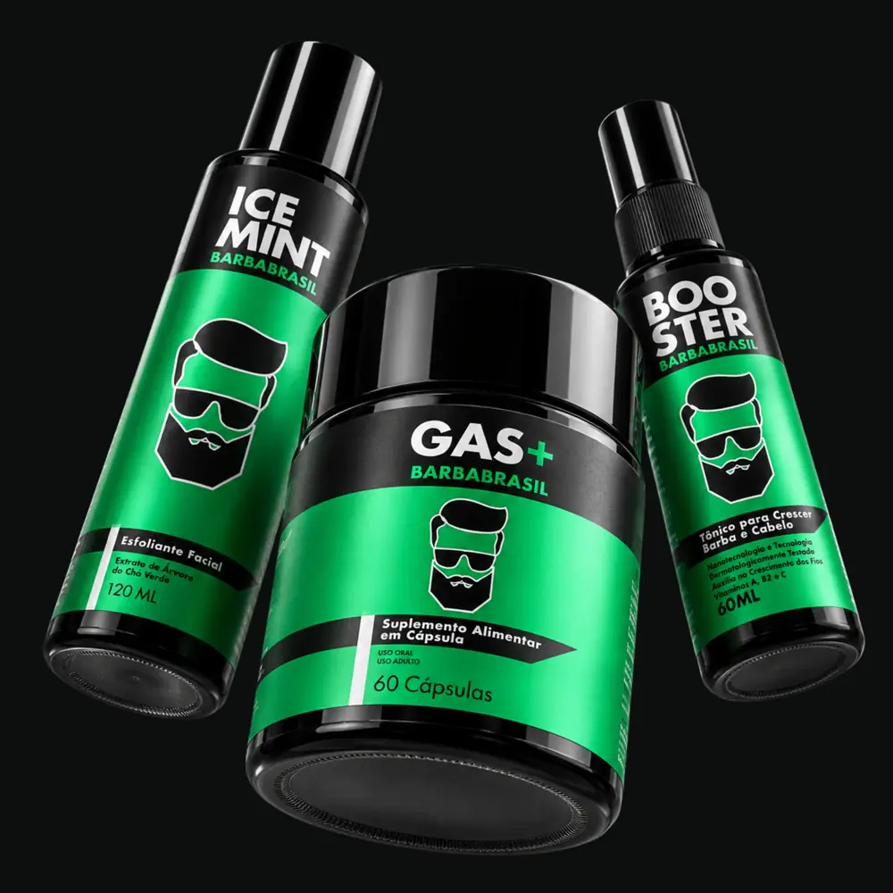 Protocolo Completo: 3 Kits Crescer Barba com Esfoliante Ice Mint, GAS+ e Booster 2.0