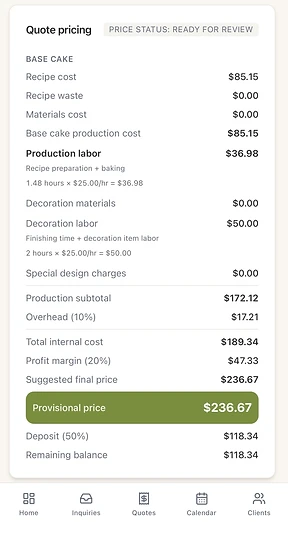 Cakesily quote pricing screen showing costs, labor, overhead, profit margin, suggested price, deposit, and remaining balance.