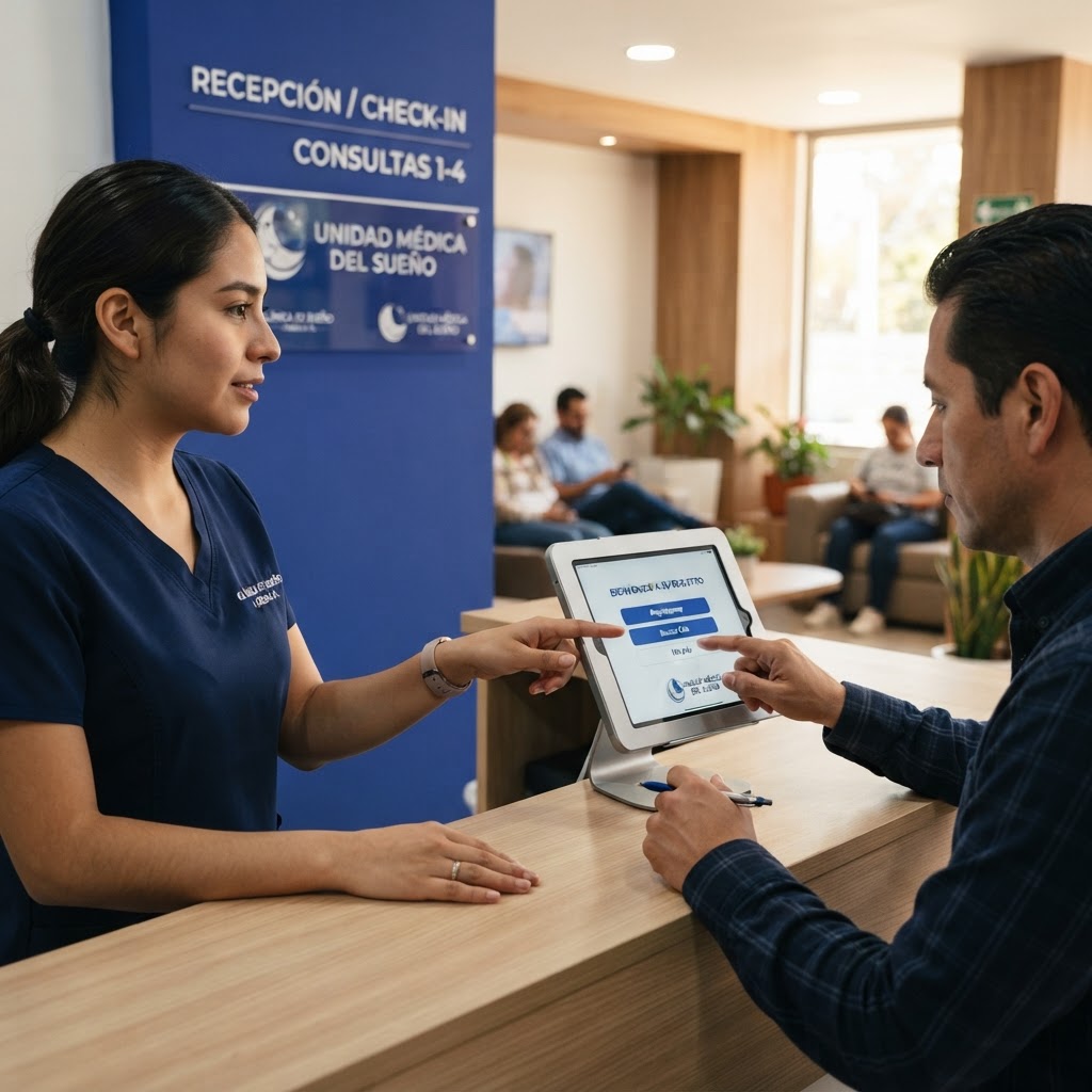 Recepción de clínica del sueño acompaña a un paciente en un registro digital discreto