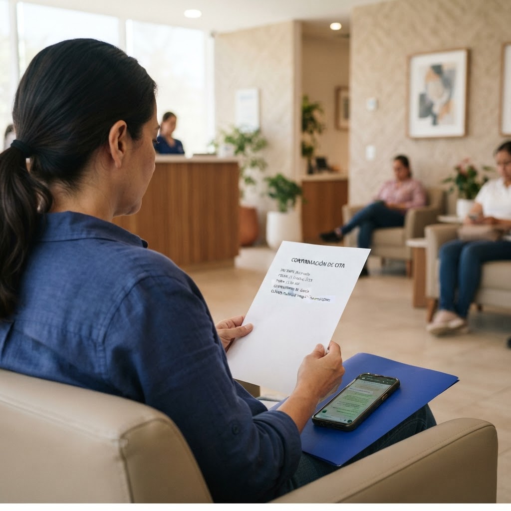 Paciente revisa información de cita en carpeta azul, sin datos personales