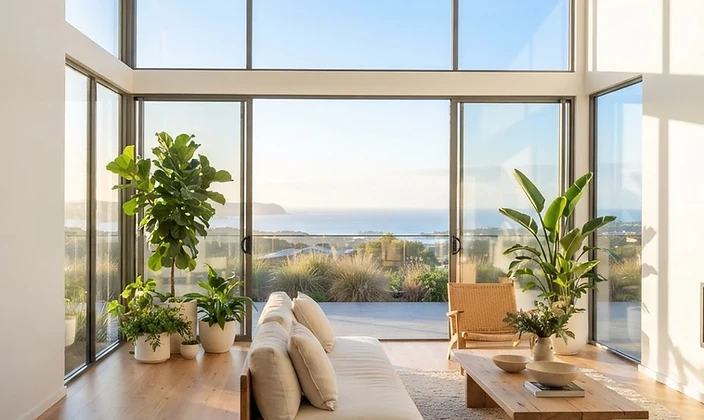 Bright modern interior looking out to a morning horizon