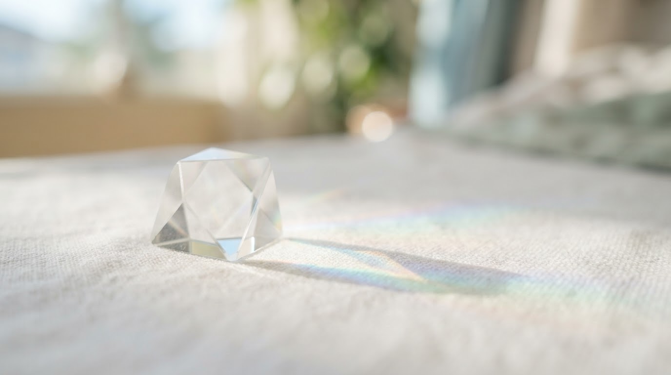 Soft morning light refracting through glass, casting gentle color across a linen surface