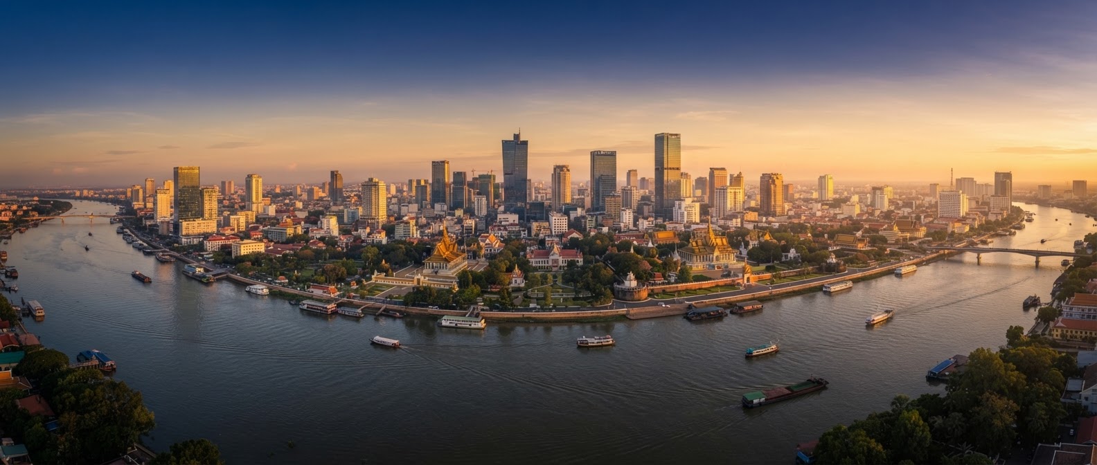 Phnom Penh skyline at dawn across the Tonle Sap river