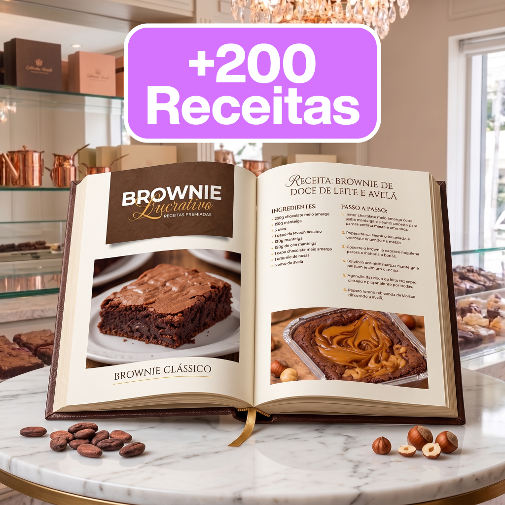 Livro de receitas aberto com receita de brownie