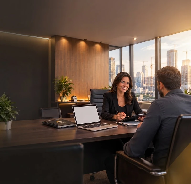 Reunião de negócios em escritório com vista para a cidade ao pôr do sol