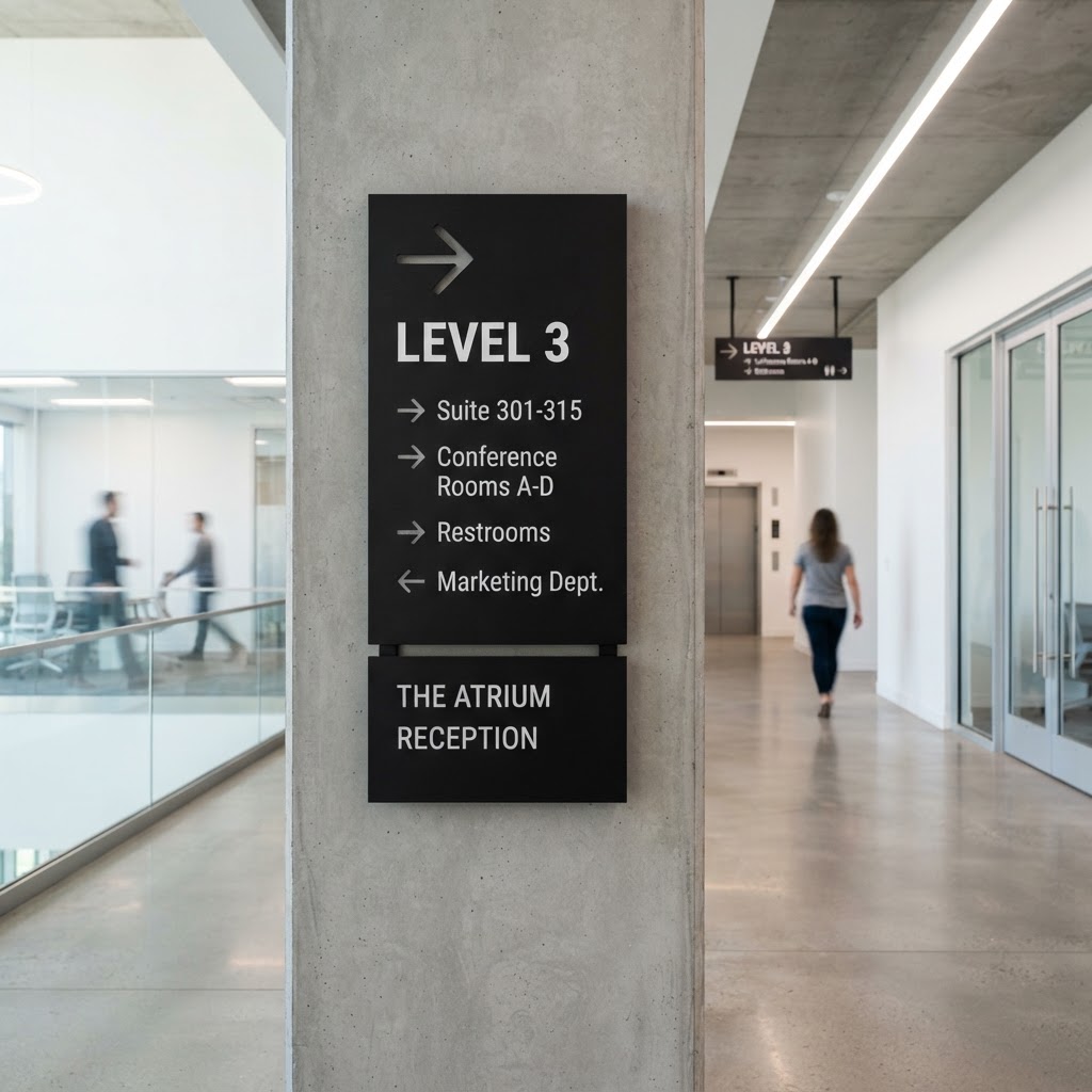Laser-cut metal signage panel with custom text and logo by KorFab