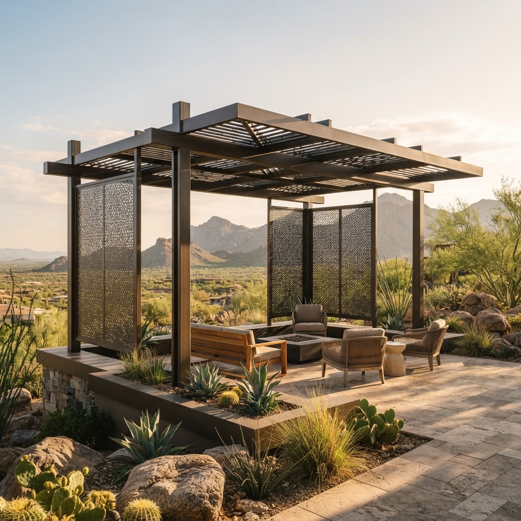 Architectural aluminum shade structure with side screen panels in a desert landscape