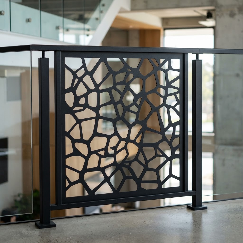 Guardrail infill panel detail with laser-cut pattern and concealed fasteners