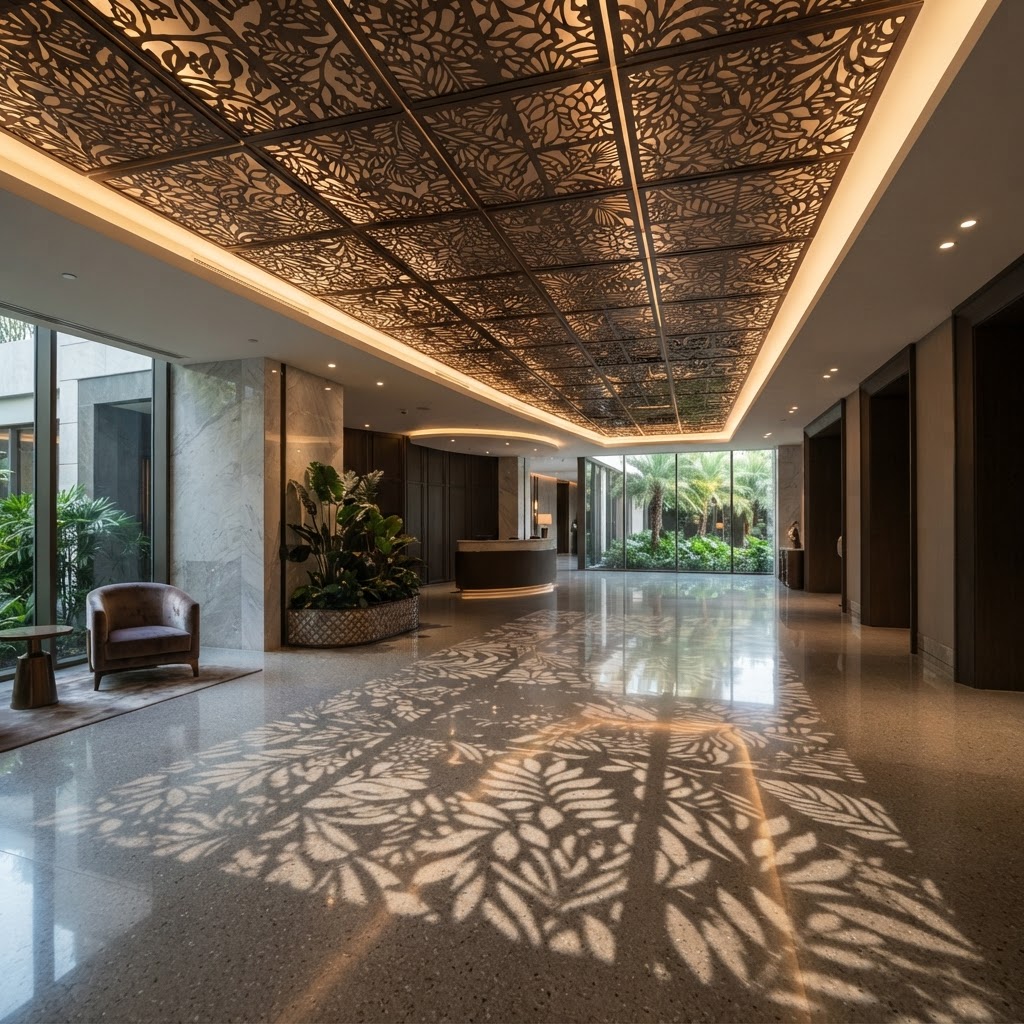 Laser-cut metal ceiling panels overhead casting artistic biophilic shadows on a lobby floor