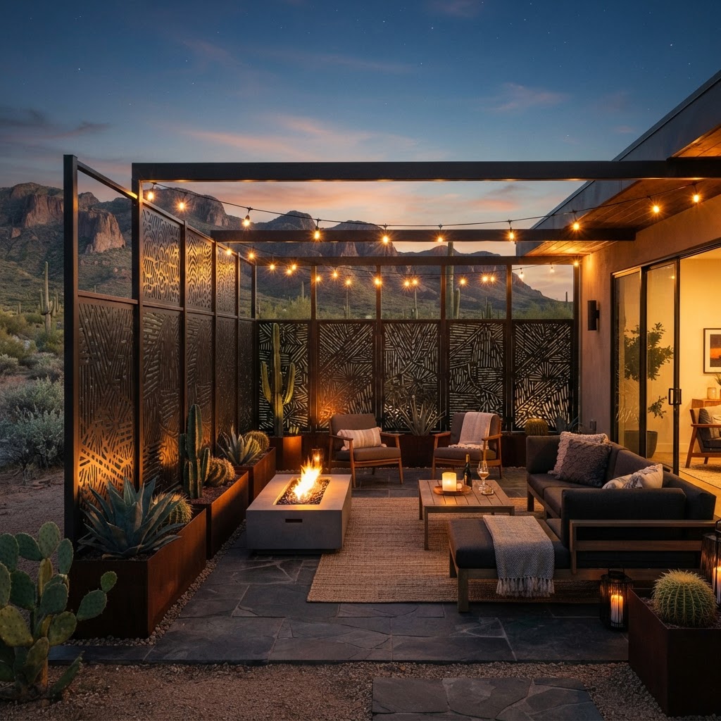 Outdoor privacy screen with laser-cut metal panels by KorFab
