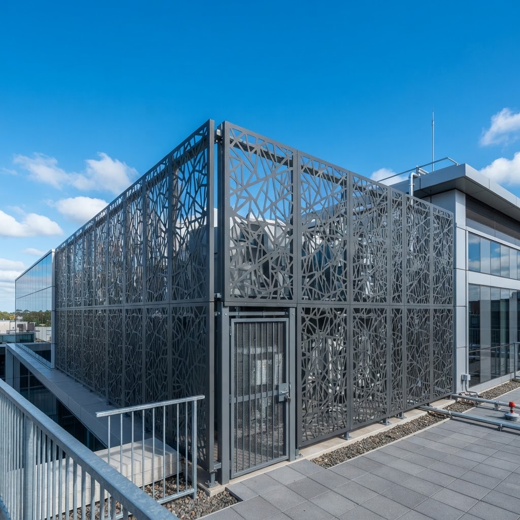 Metal equipment screen enclosure hiding HVAC units with laser-cut aluminum panels by KorFab
