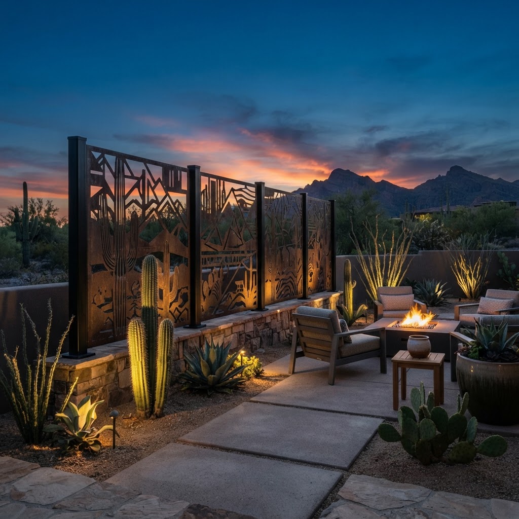 Architectural metal screen wall with posts and patterned privacy panels in an Arizona backyard