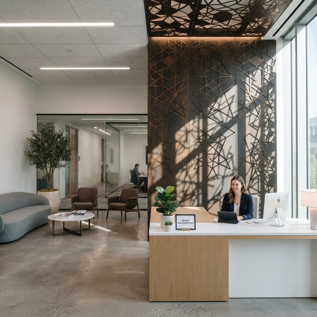 Laser-cut metal feature wall panels installed in a commercial lobby by KorFab