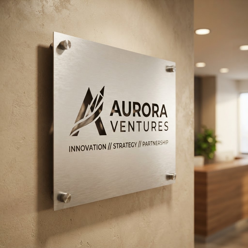 Laser-cut metal panel with company logo design standoff mounted in lobby by KorFab