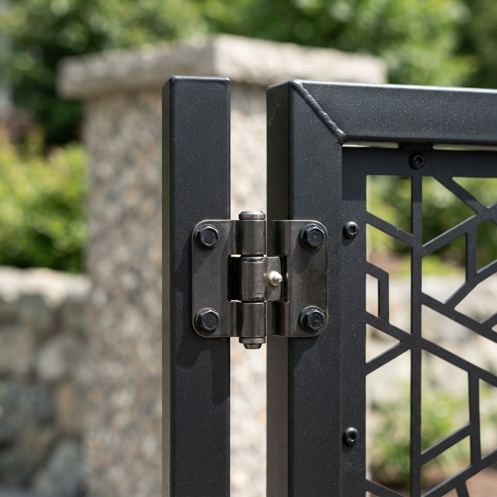 Laser-cut metal gate with patterned panels matching a privacy screen system by KorFab