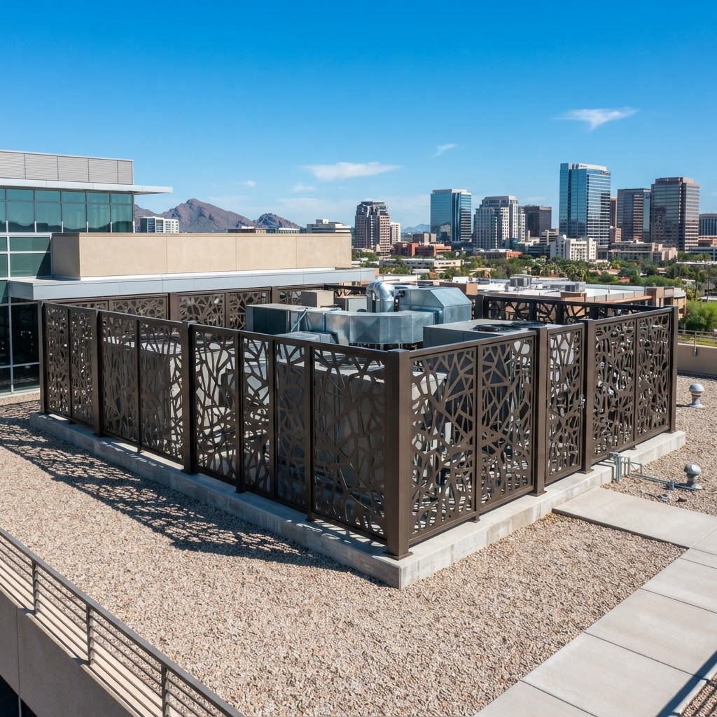 Metal equipment screen enclosure hiding HVAC units with laser-cut aluminum panels