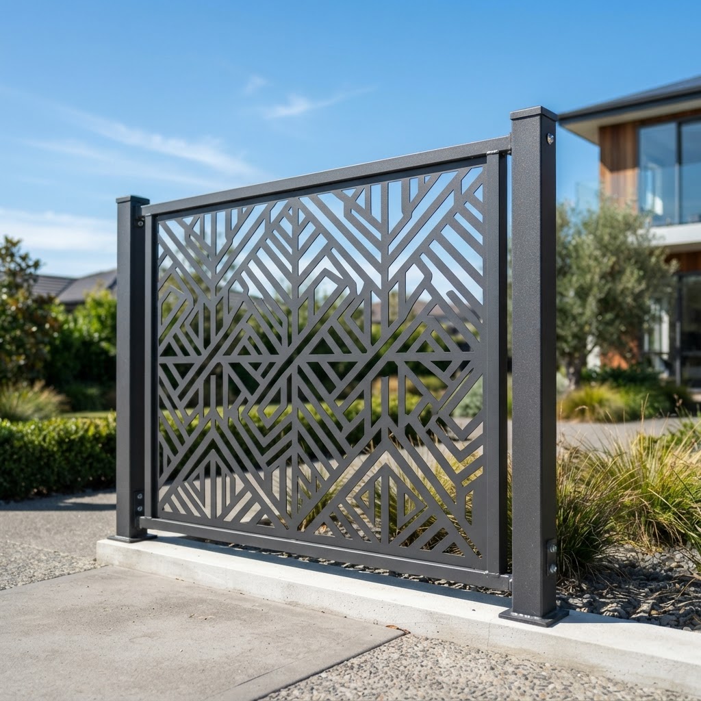 Laser-cut aluminum fence panel with geometric pattern by KorFab