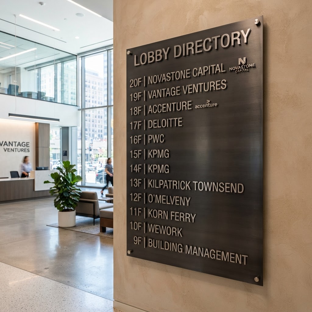 Lobby directory sign with laser-cut metal lettering by KorFab