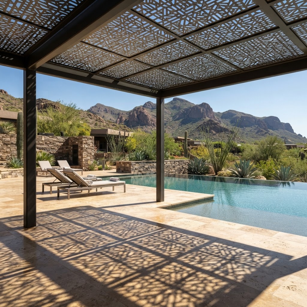 Metal shade pergola casting dappled artistic shadow on a pool deck
