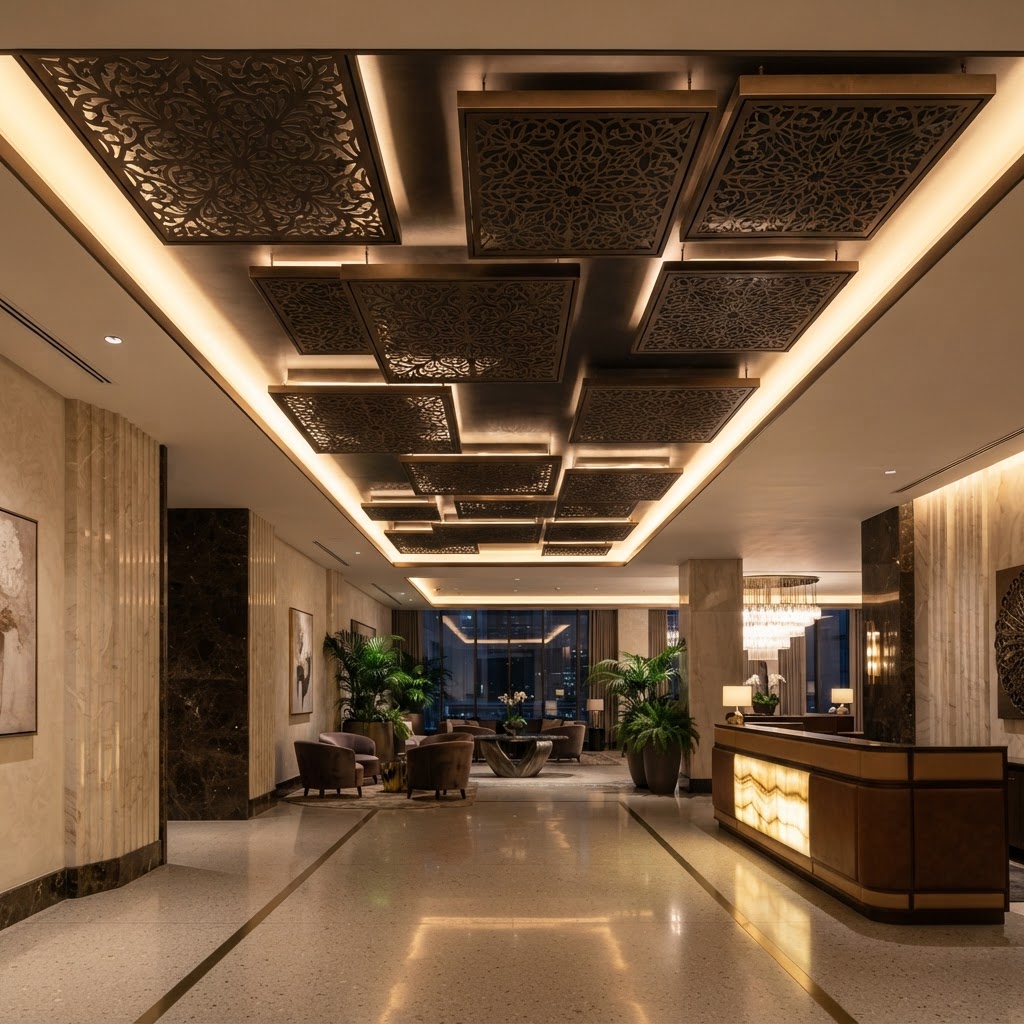 Architectural laser-cut metal ceiling panels installed in hospitality interior by KorFab