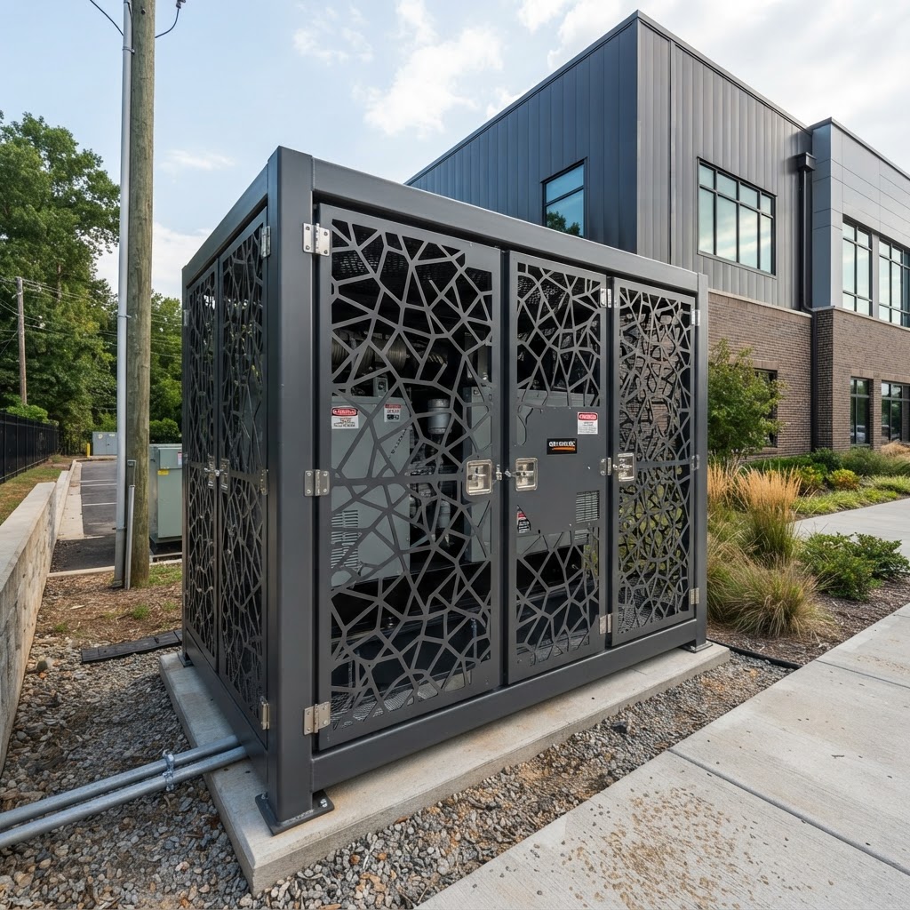 Architectural equipment screening with patterned metal panels on a rooftop by KorFab