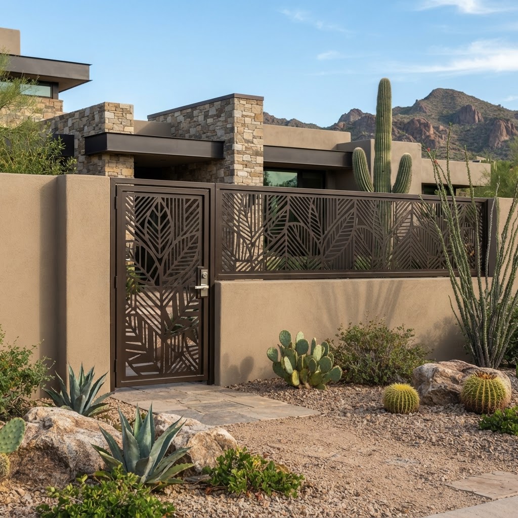 Single pedestrian metal gate with laser-cut aluminum pattern by KorFab