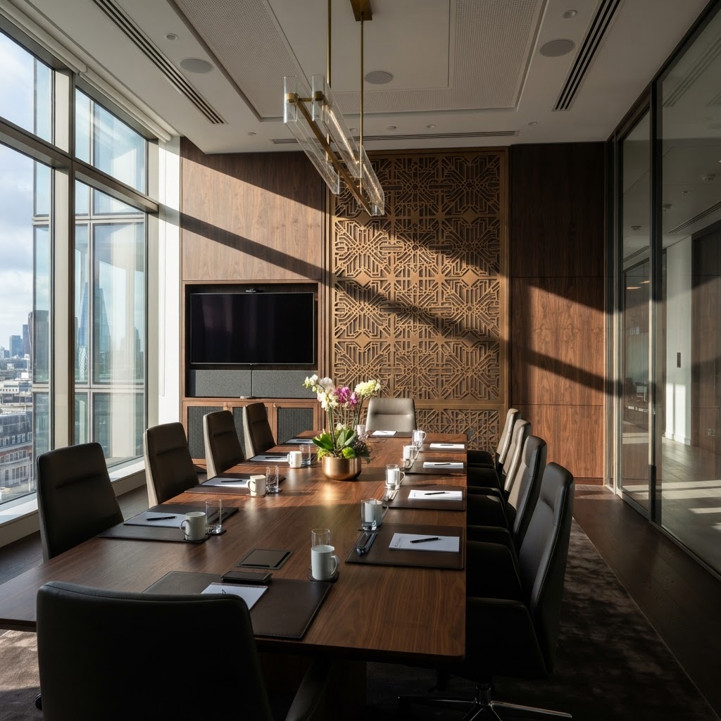 Architectural metal feature wall with patterned panels in an office reception area