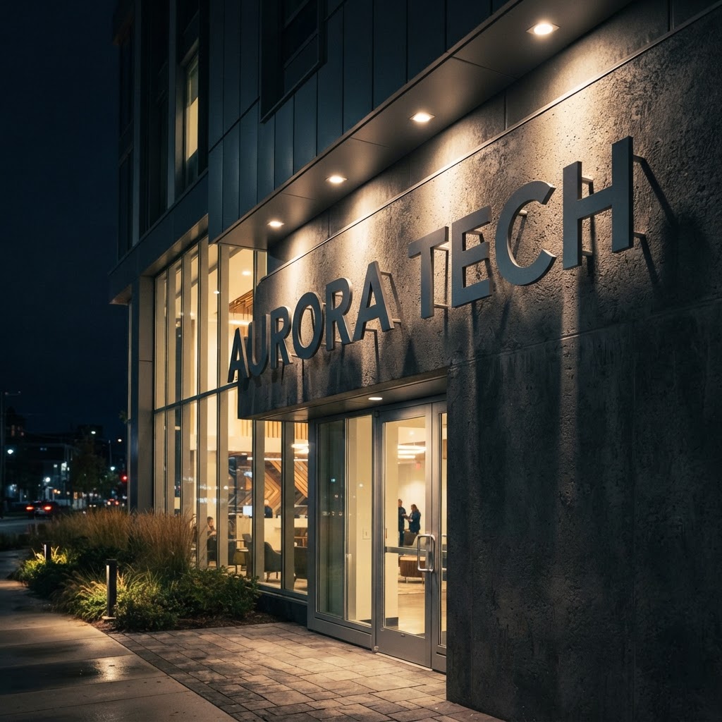 Architectural metal sign installed on a building exterior with laser-cut lettering