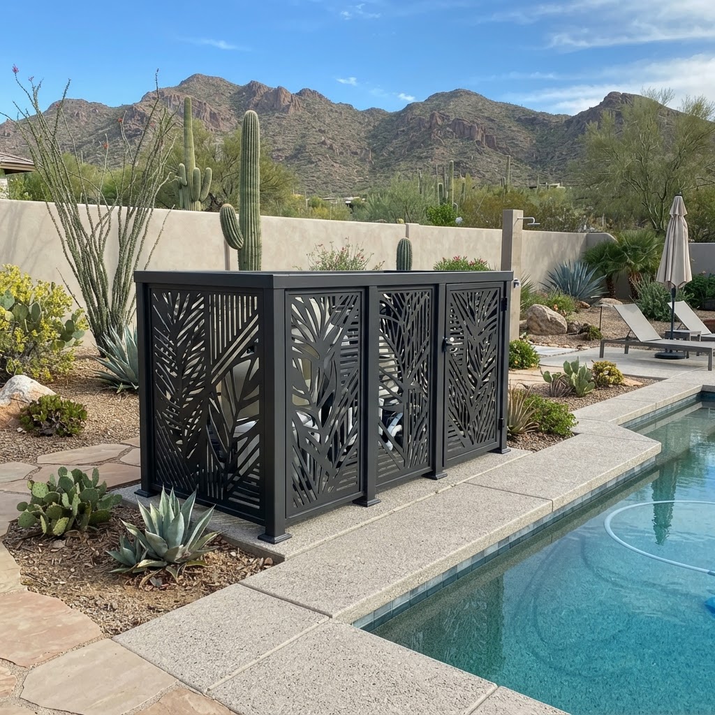Ground-level pool equipment enclosure with laser-cut metal screens by KorFab