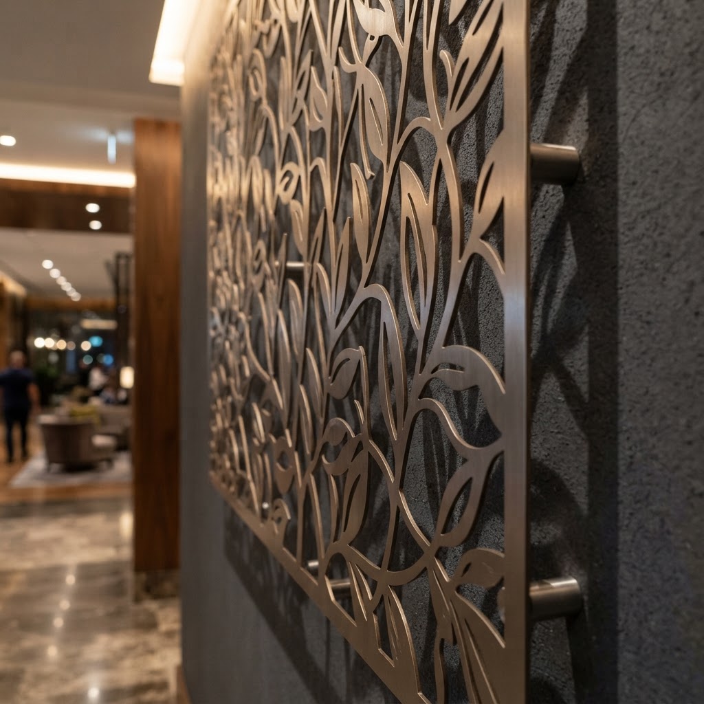 Laser-cut metal feature wall with biophilic leaf pattern in a luxury hotel lobby by KorFab