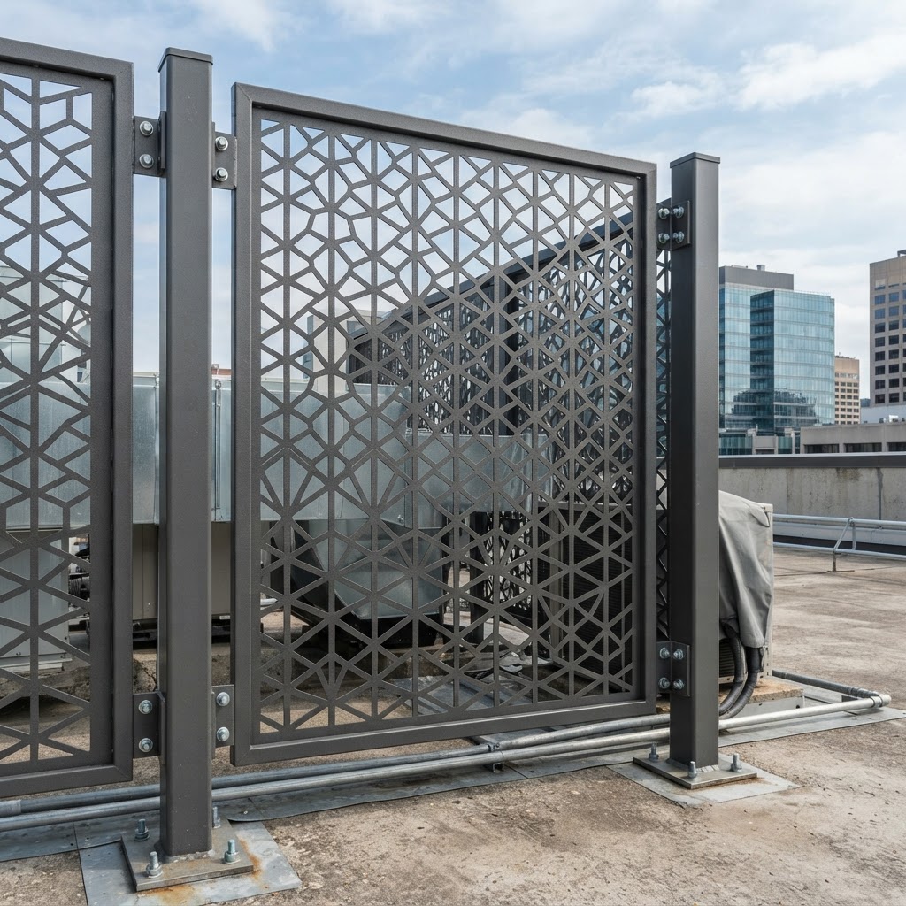 Rooftop equipment screen with laser-cut geometric pattern by KorFab