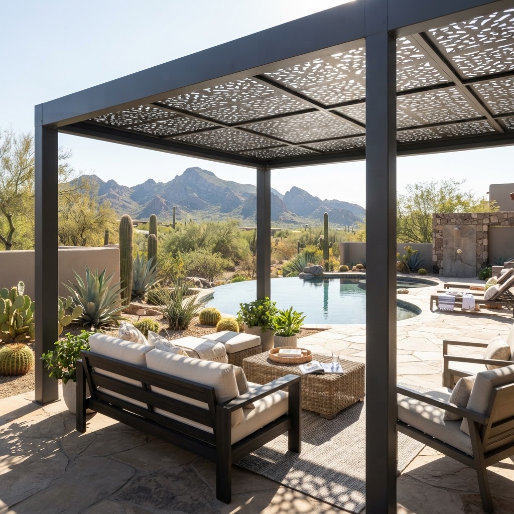 Metal pergola with laser-cut roof panels creating dappled shade by KorFab