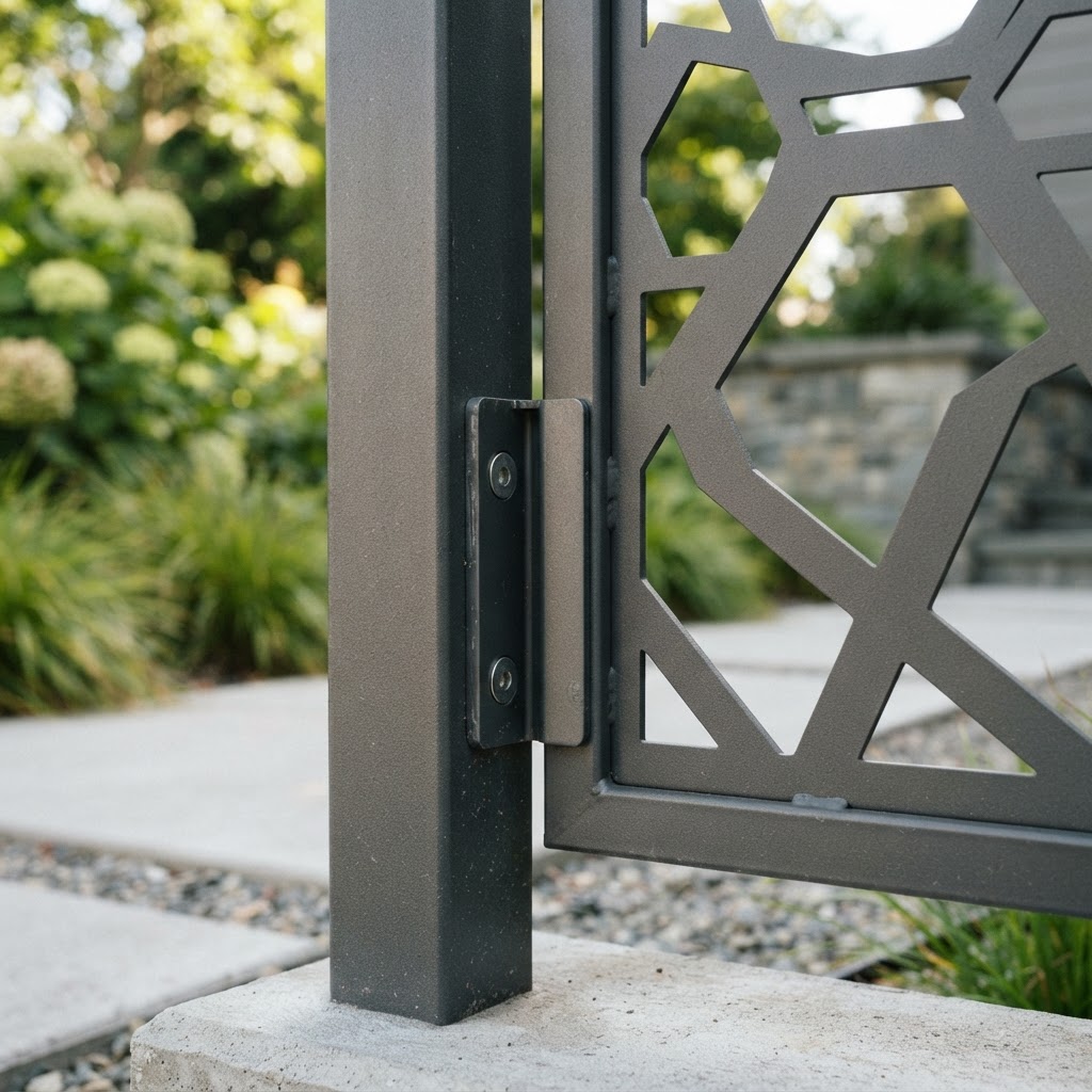 Steel fence post with laser-cut aluminum infill panel detail by KorFab