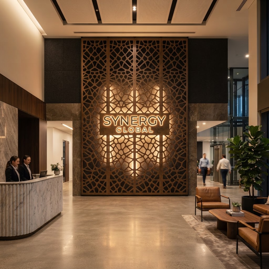 Branded laser-cut metal panel with company logo pattern by KorFab