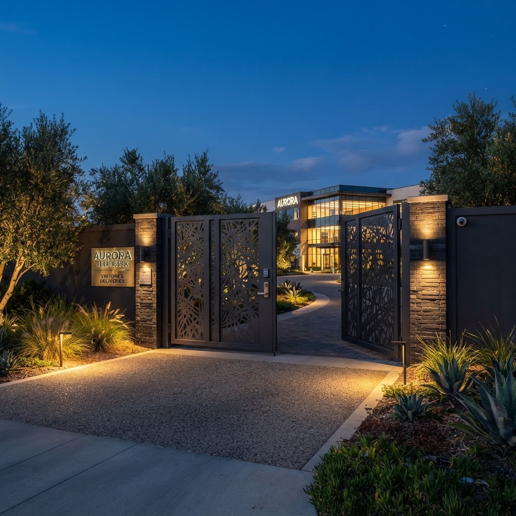 Architectural metal driveway gate with laser-cut aluminum pattern in Phoenix