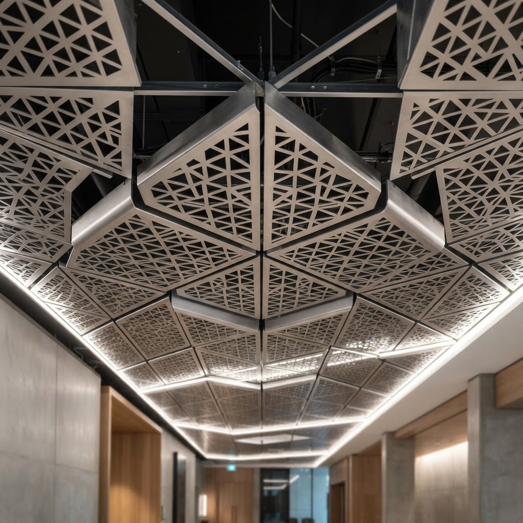 Patterned metal ceiling panel detail with 90-degree edge bends and floating aluminum panels