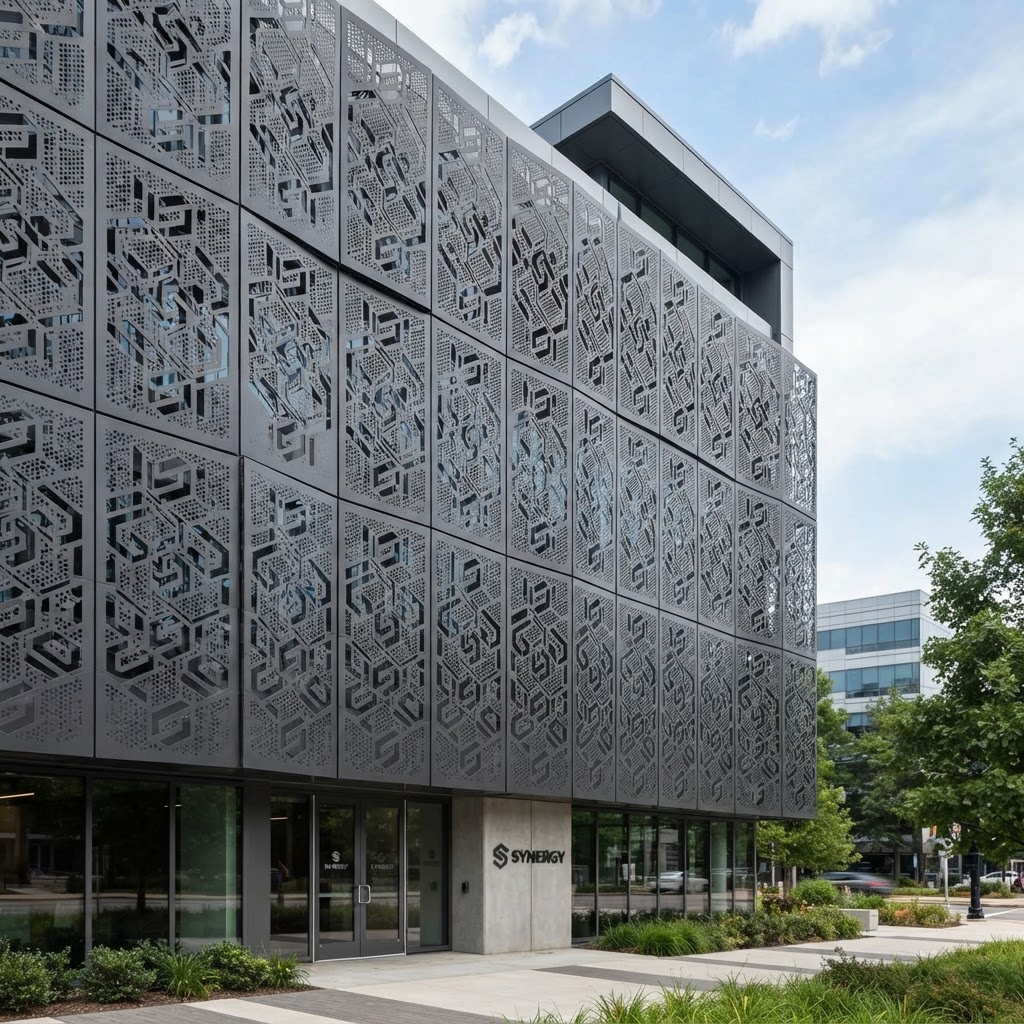 Repeating laser-cut metal panel pattern from brand geometric language by KorFab