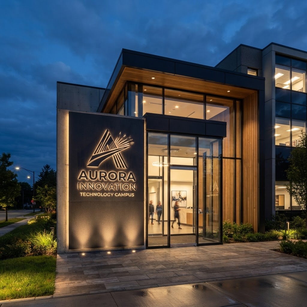 Custom branded architectural metal panel with logo design installed on a building facade